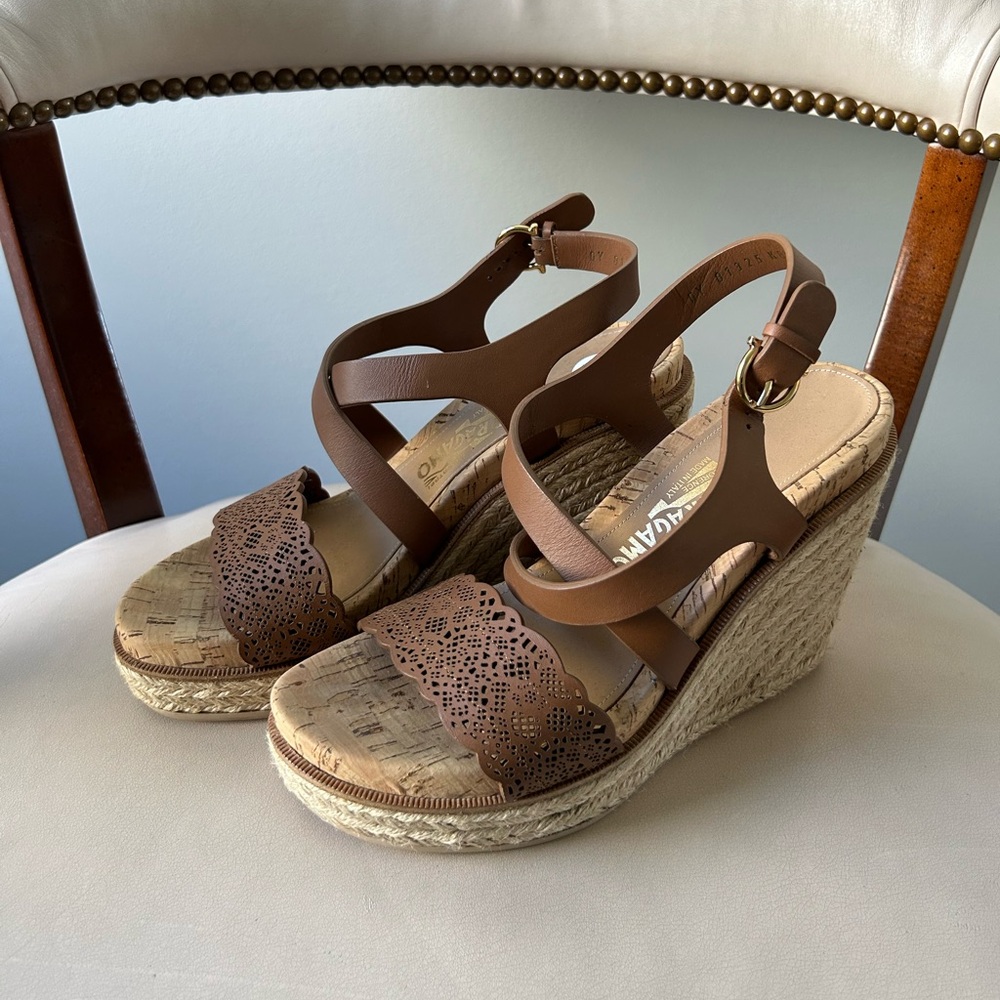 Salvatore Ferragamo brown leather and cork platform wedge heels